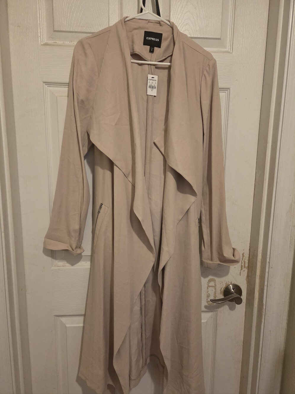 Express Tan Soft Draped Waterfall Trench Coat Duster Belt M NWT